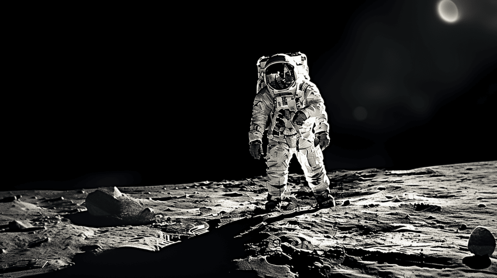 Lock in the clue: a monochrome snapshot captures a space explorer stepping down a ladder onto a fine, dusty alien ground.